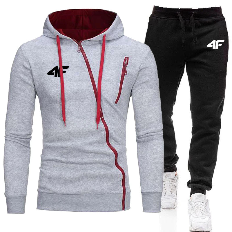 Mens Tracksuit Printing Diagonal Zipper Hoodies+Sweatpants 2 Pcs Set Fashion Casual Coat Hot Sales Street Jogging Mens Clothing