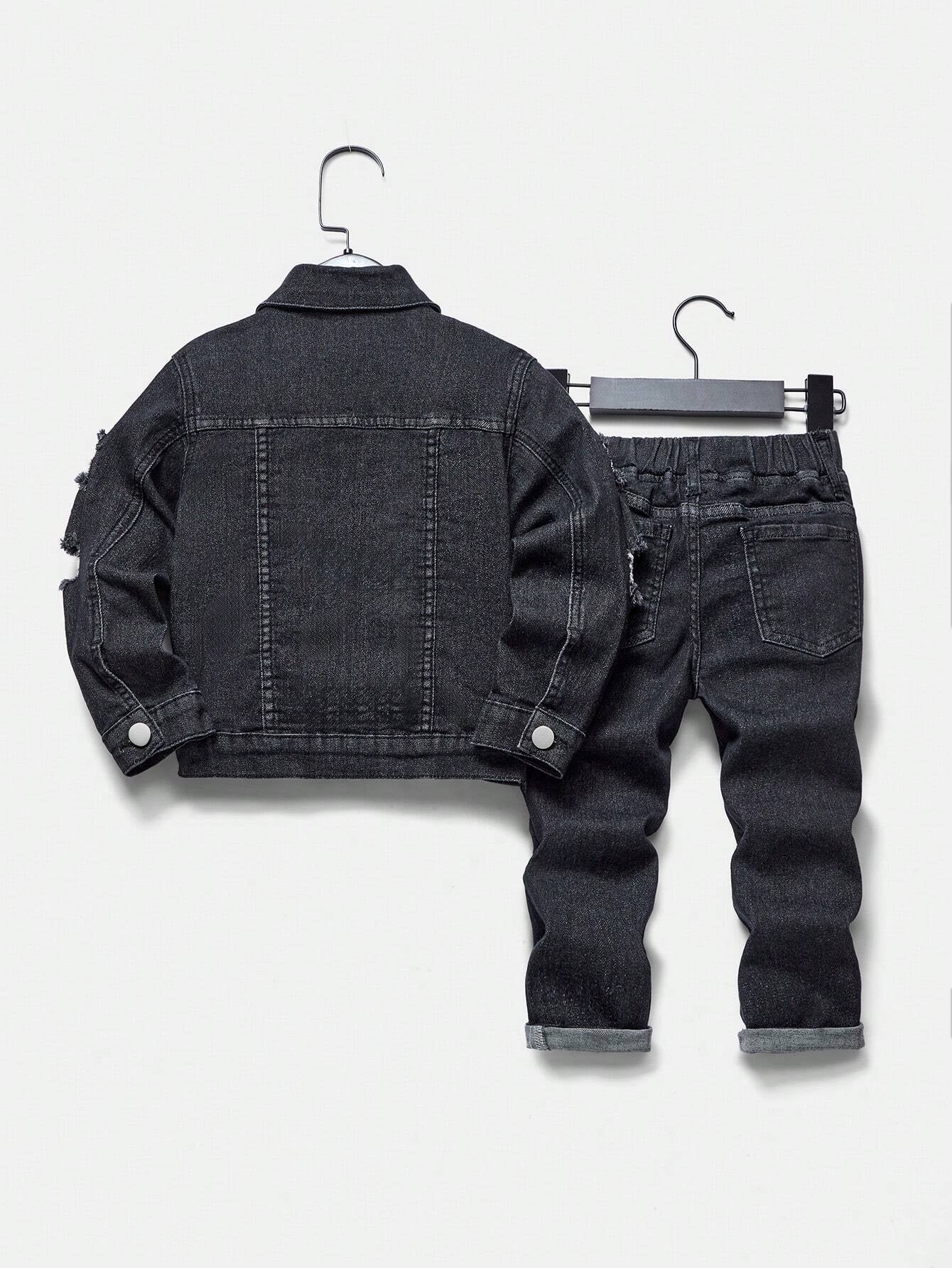 YOUNG BOY Casual Vintage Streetwear Plaid Applique Detail Distressed Elastic Comfortable Jeans & Jean Jacket Set