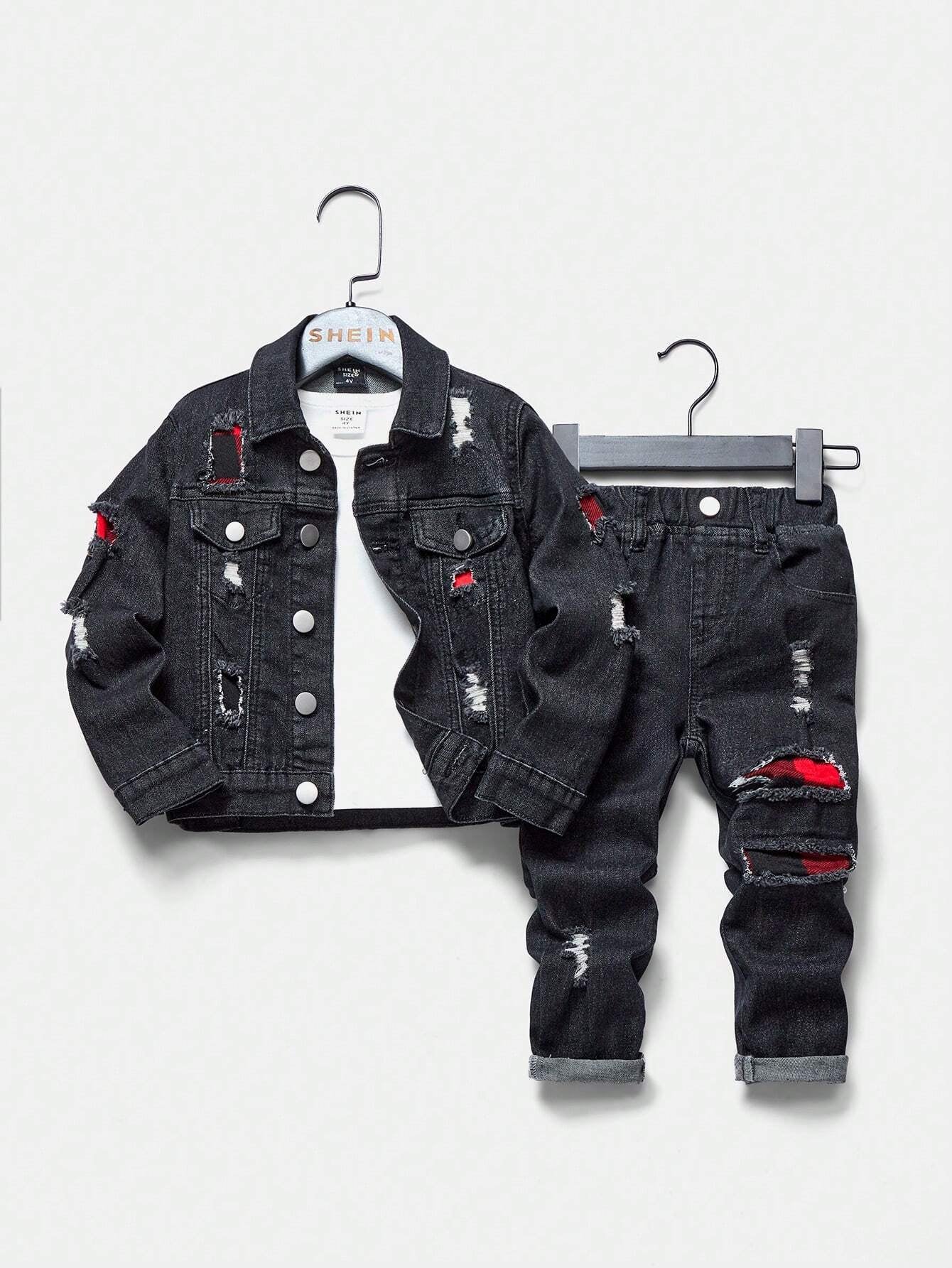 YOUNG BOY Casual Vintage Streetwear Plaid Applique Detail Distressed Elastic Comfortable Jeans & Jean Jacket Set