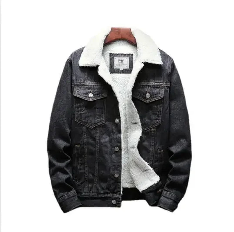 Winter Blue Men'S Thick Warm Jackets, Fashion Boutique Solid Color Denim Jacket / Black Fleece Coat Asian Size M-5XL 6XL