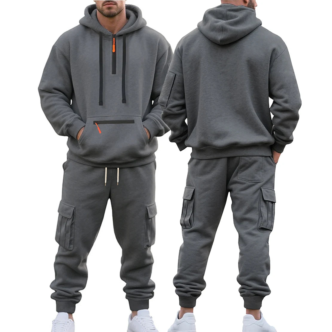 New Autumn and Winter Men'S Fleece Hooded Sweatshirt, Workwear, Long Pants Set, Sports and Leisure Multi Pocket 2-Piece Set