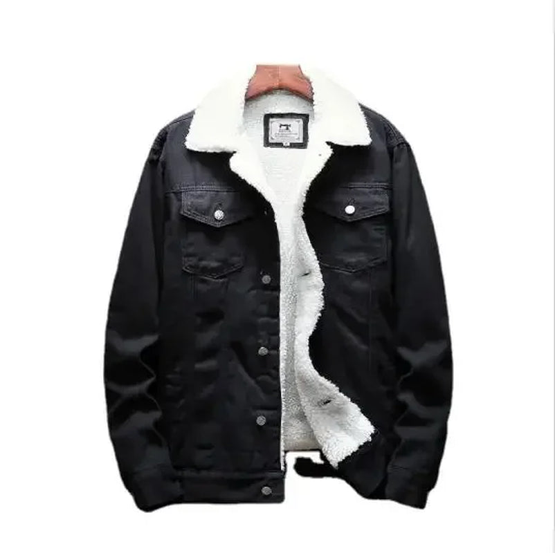 Winter Blue Men'S Thick Warm Jackets, Fashion Boutique Solid Color Denim Jacket / Black Fleece Coat Asian Size M-5XL 6XL