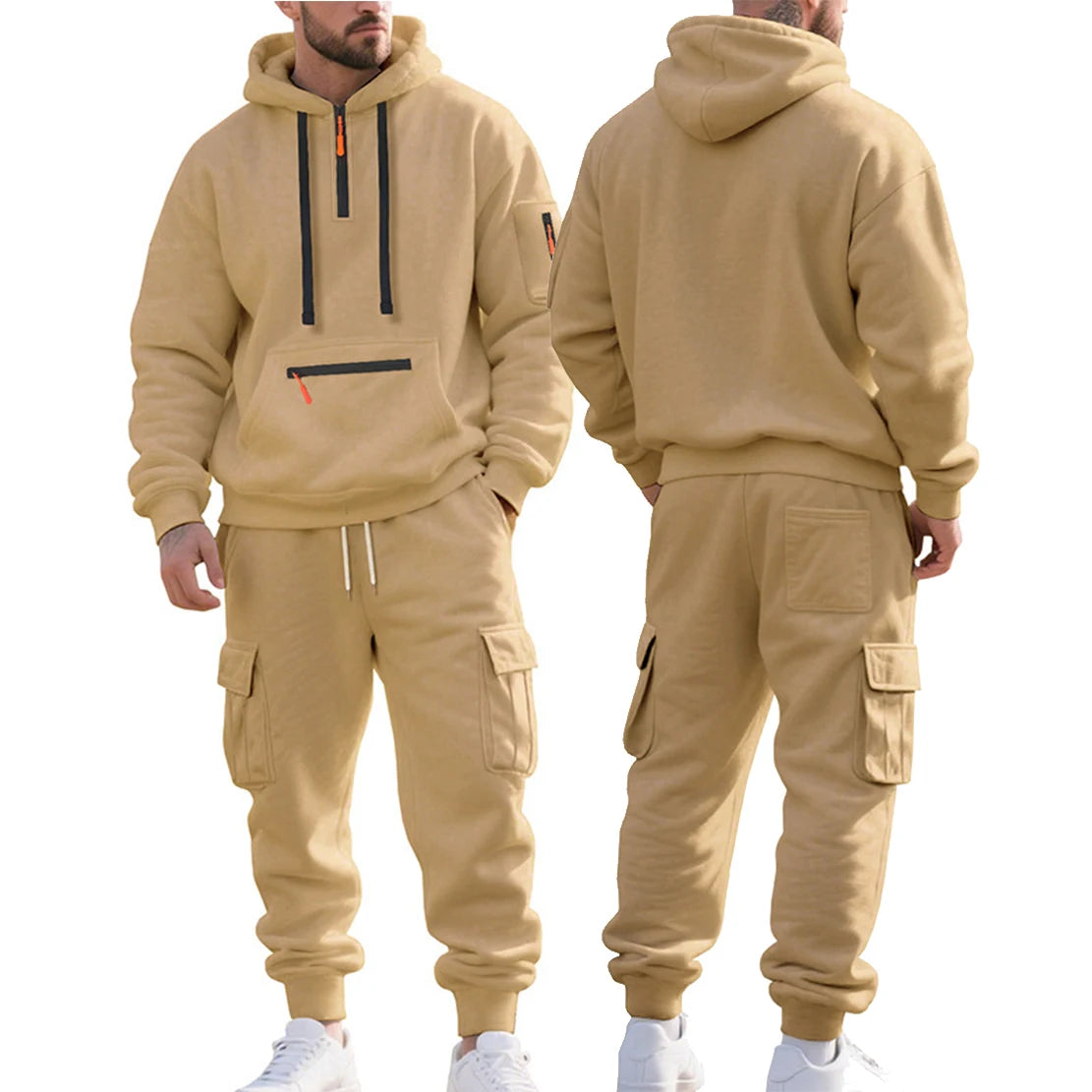 New Autumn and Winter Men'S Fleece Hooded Sweatshirt, Workwear, Long Pants Set, Sports and Leisure Multi Pocket 2-Piece Set