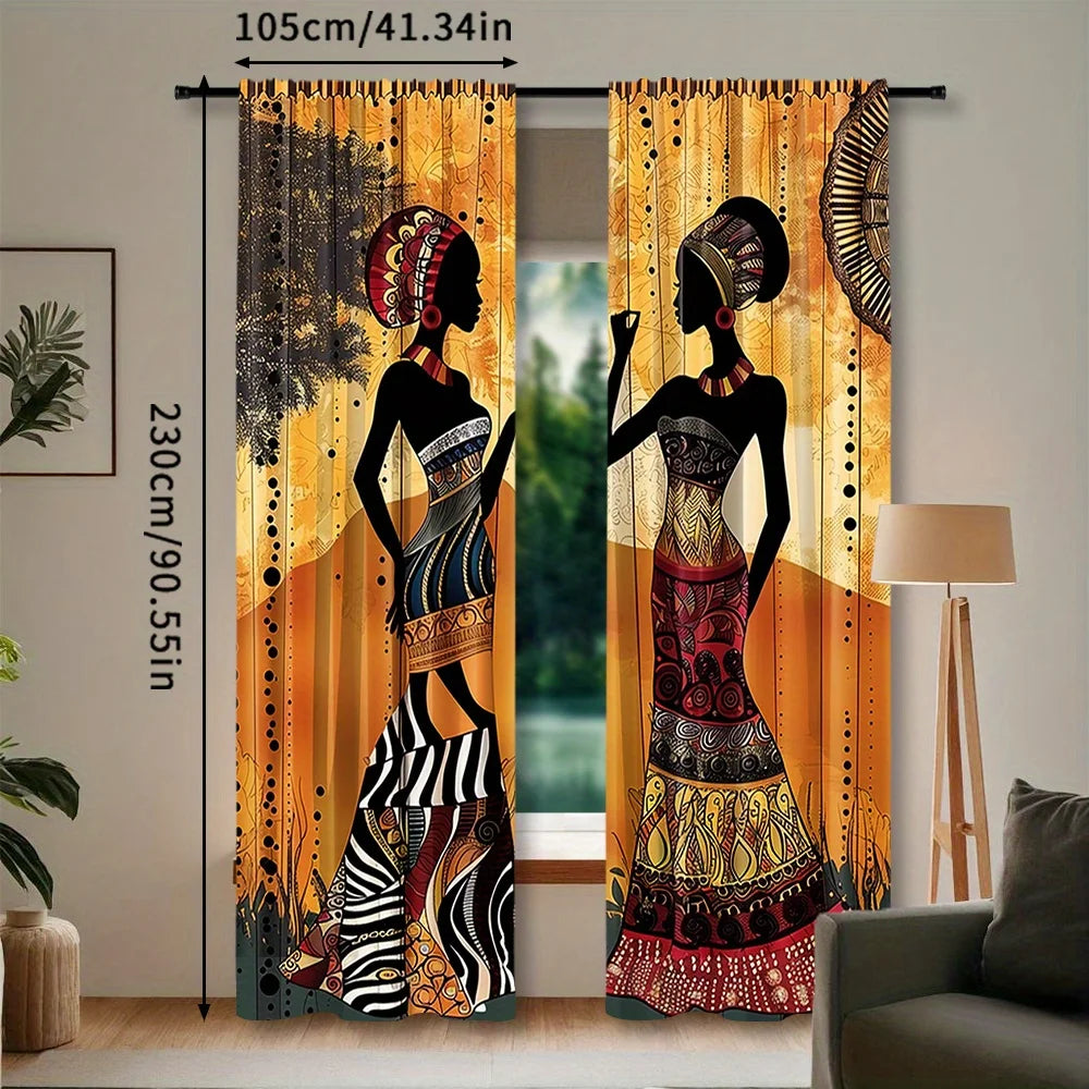 African Women Print Rod Pocket Window Curtains - 2Pcs Woven Polyester Pongee Decorative Panels for Bedroom, Living Room and Offi