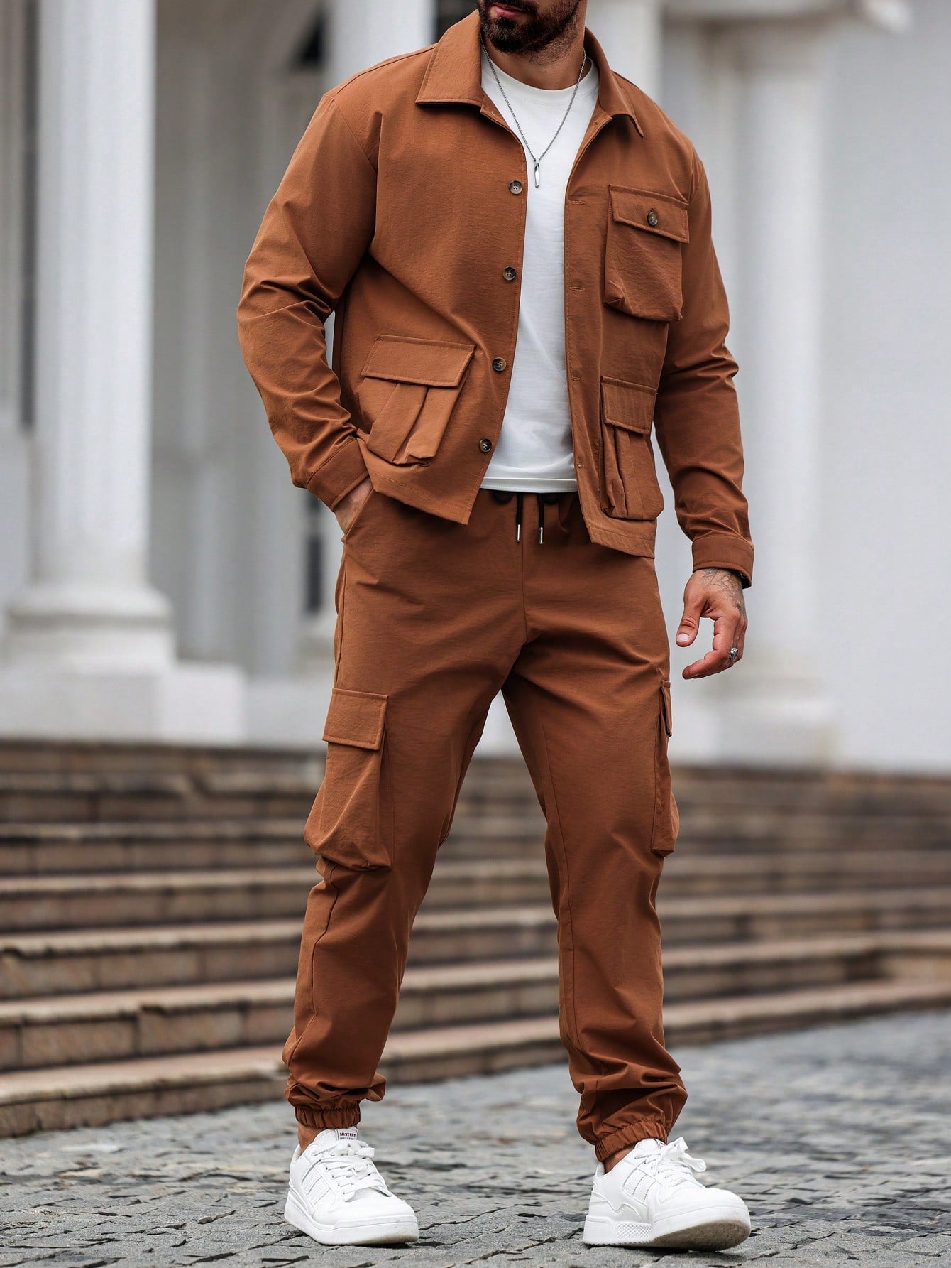 Manfinity Homme 2Pcs Minimalist Style Long Sleeve Top & Pants Set, Casual Everyday Outfit