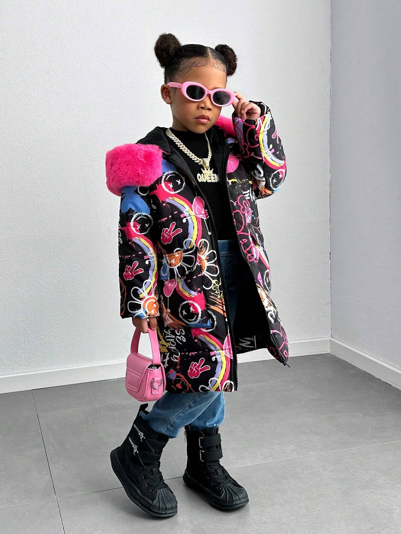 Explorewe Young Girl Graffiti Printed Long Padded Coat with Furry Trim Hood, Fashionable Young Girl Long Coat