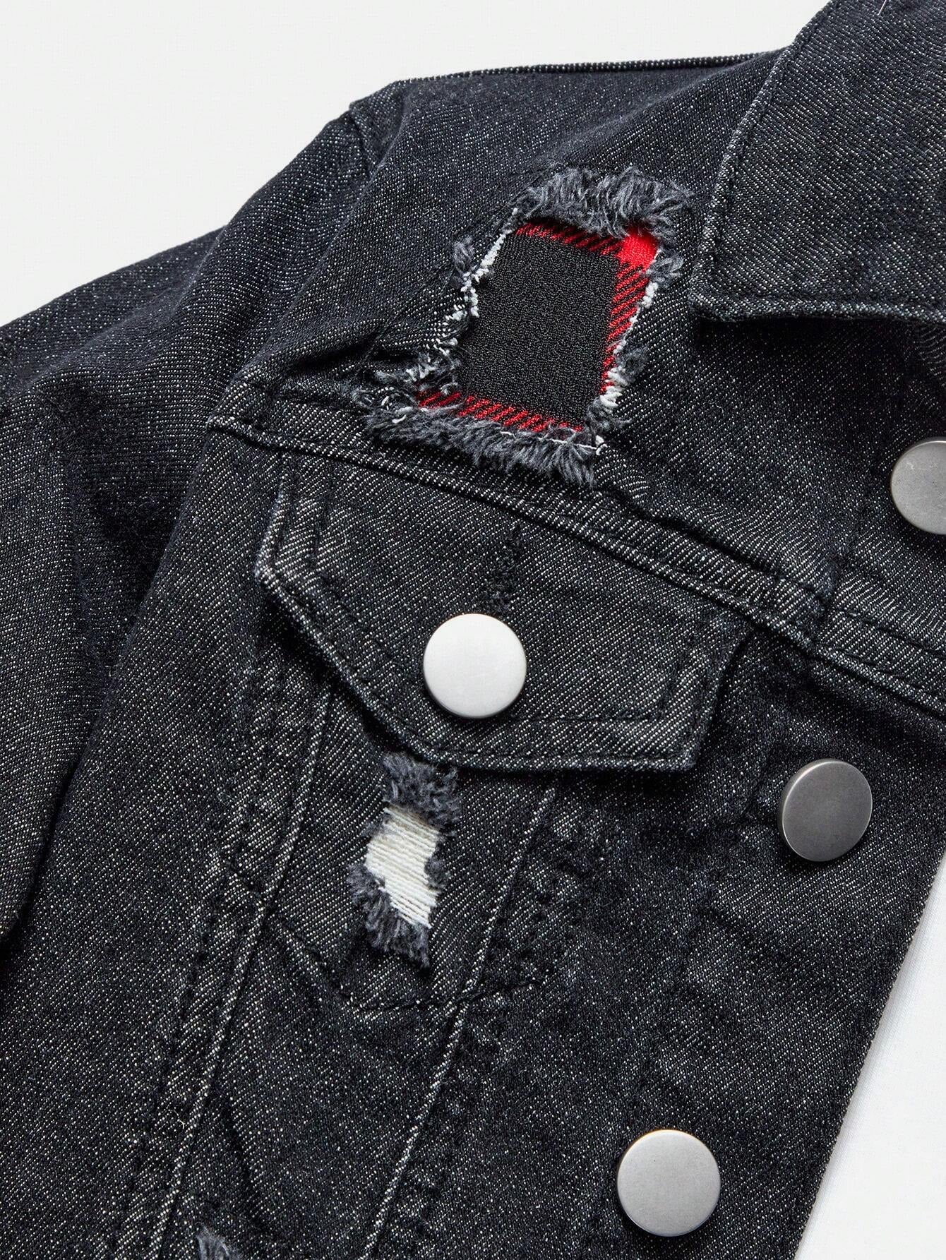 YOUNG BOY Casual Vintage Streetwear Plaid Applique Detail Distressed Elastic Comfortable Jeans & Jean Jacket Set