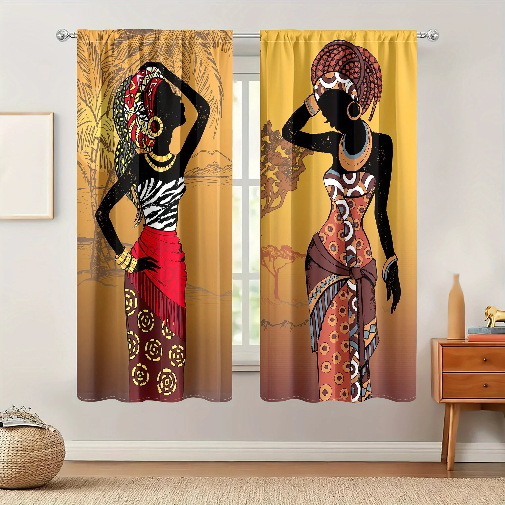 2PC Bohemian African Print Curtains - Colorful Ethnic Art Rod Pocket Drapes, for Living Room & Bedroom Decor