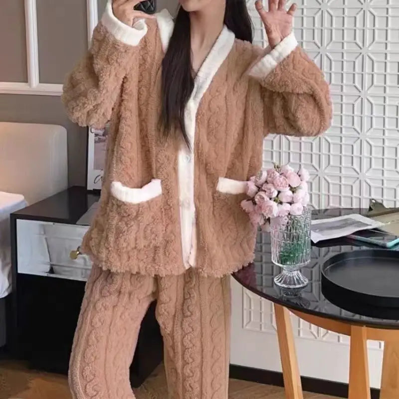 Women'S Pajamas Set Winter Sleepwear O-Neck Loose Long Sleeve Top Elastic Waist Leg Pant Sets Trousers plus Size Matching Sets