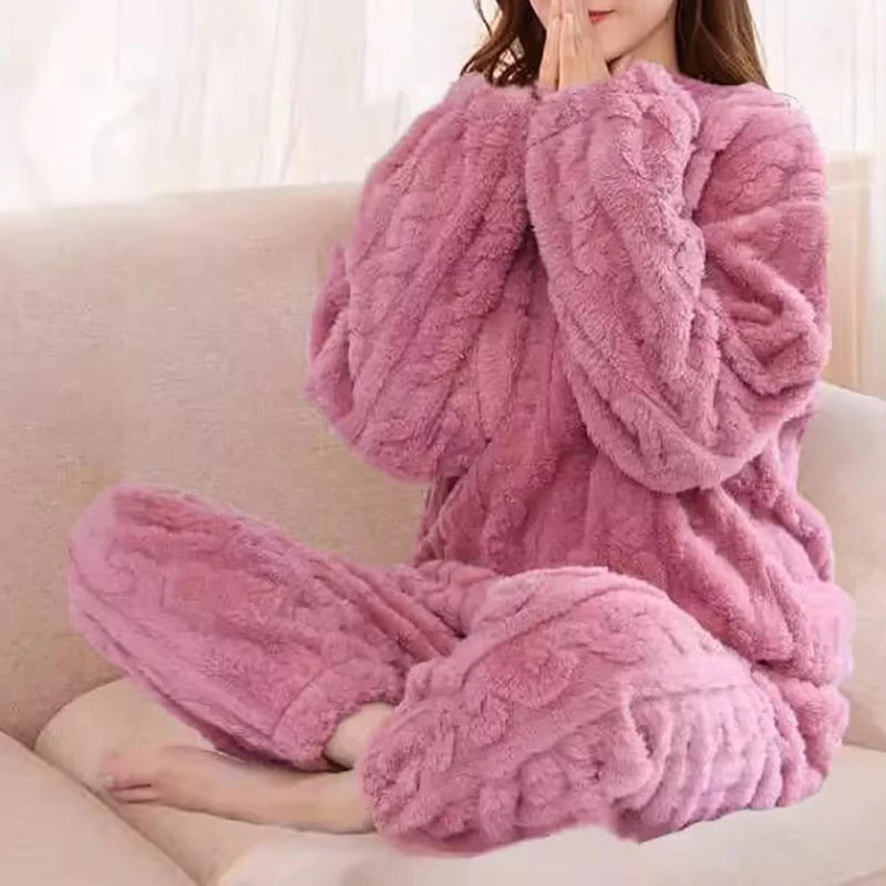 Women'S Pajamas Set Winter Sleepwear O-Neck Loose Long Sleeve Top Elastic Waist Leg Pant Sets Trousers plus Size Matching Sets
