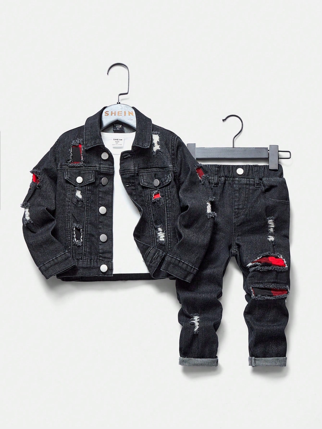 YOUNG BOY Casual Vintage Streetwear Plaid Applique Detail Distressed Elastic Comfortable Jeans & Jean Jacket Set