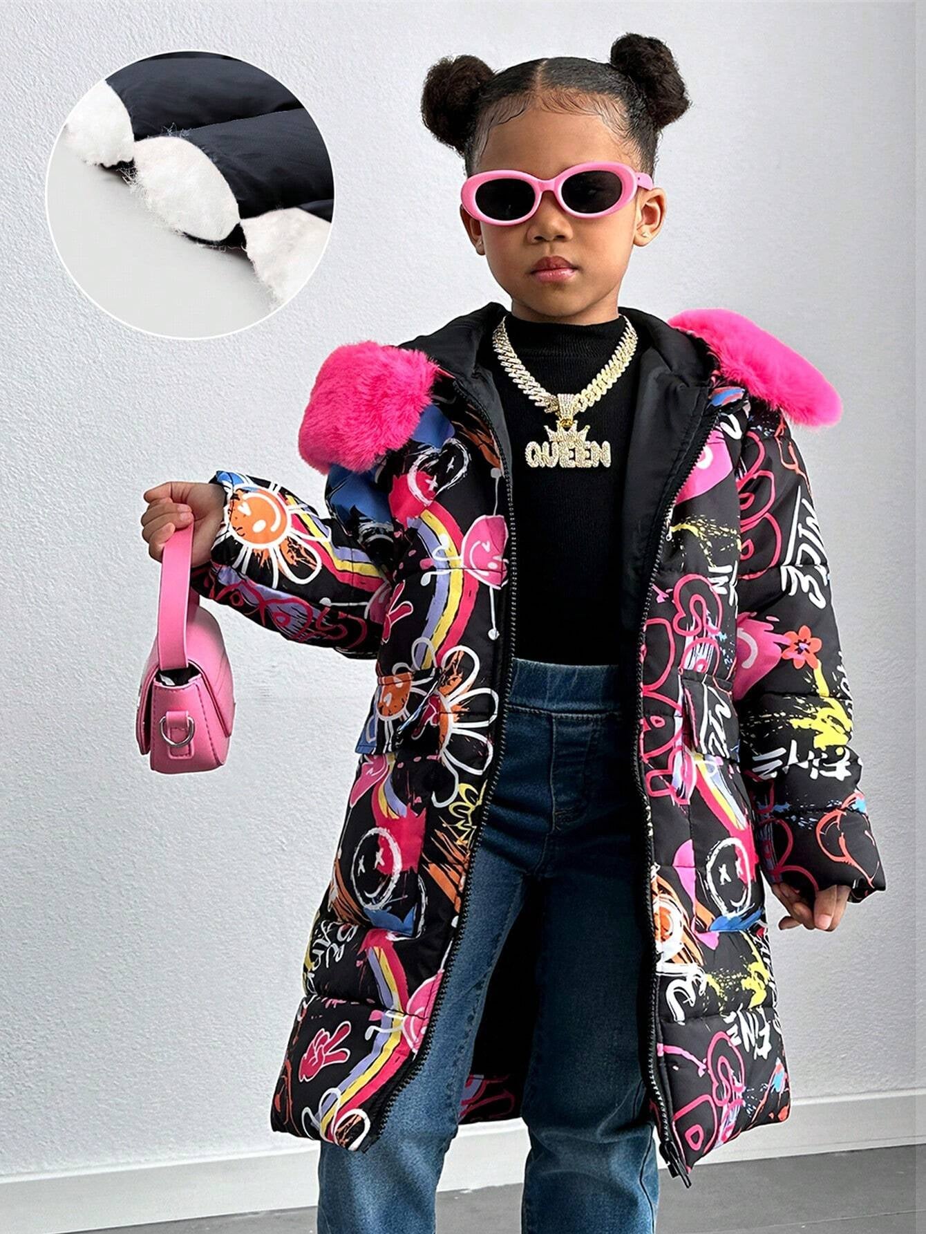 Explorewe Young Girl Graffiti Printed Long Padded Coat with Furry Trim Hood, Fashionable Young Girl Long Coat
