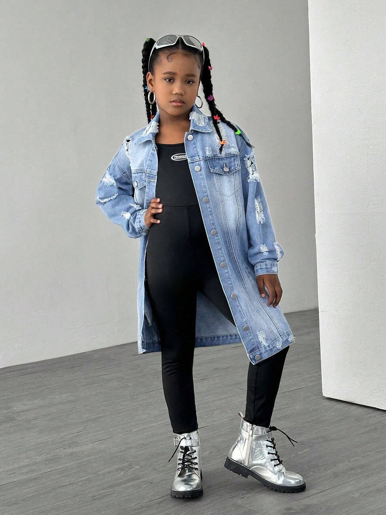 TWEEN GIRL Y2K Street Style Casual Collegiate Distressed Ripped Long Denim Jacket, Essential Chic Fashion Item for Spring Autumn Winter