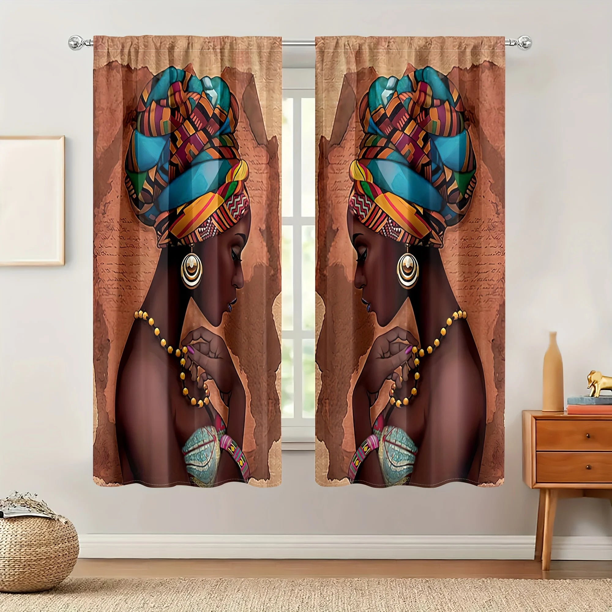2PC Bohemian African Print Curtains - Colorful Ethnic Art Rod Pocket Drapes, for Living Room & Bedroom Decor