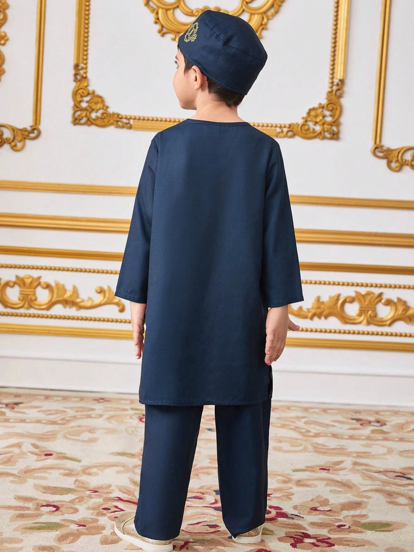 3Pcs/Set Young Boys Pattern Robe, Long Sleeve Top and Pants with Hat, Suitable for Kids Outfits, Back to School, Birthday Parties, Evening Events, Performances, Weddings, Baptisms, School Commencements, Daily Wear, Spring/Summer