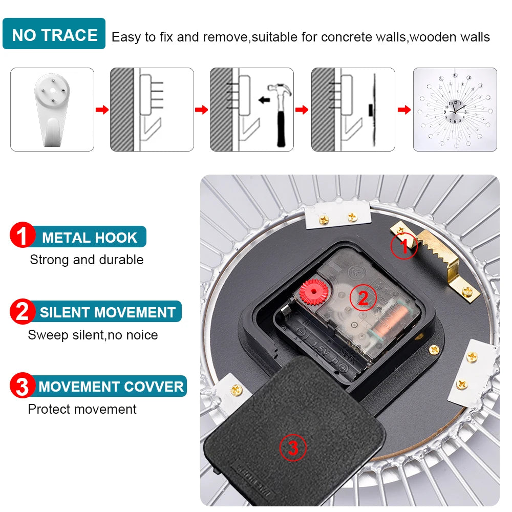 38/50Cm Metal Crystal Sun Wall Clock Sunburst Large Interior Wall Clock Home Rooms Office Art Decor Background Wall Ornament