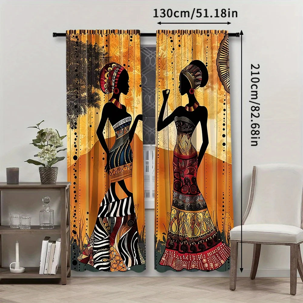 African Women Print Rod Pocket Window Curtains - 2Pcs Woven Polyester Pongee Decorative Panels for Bedroom, Living Room and Offi