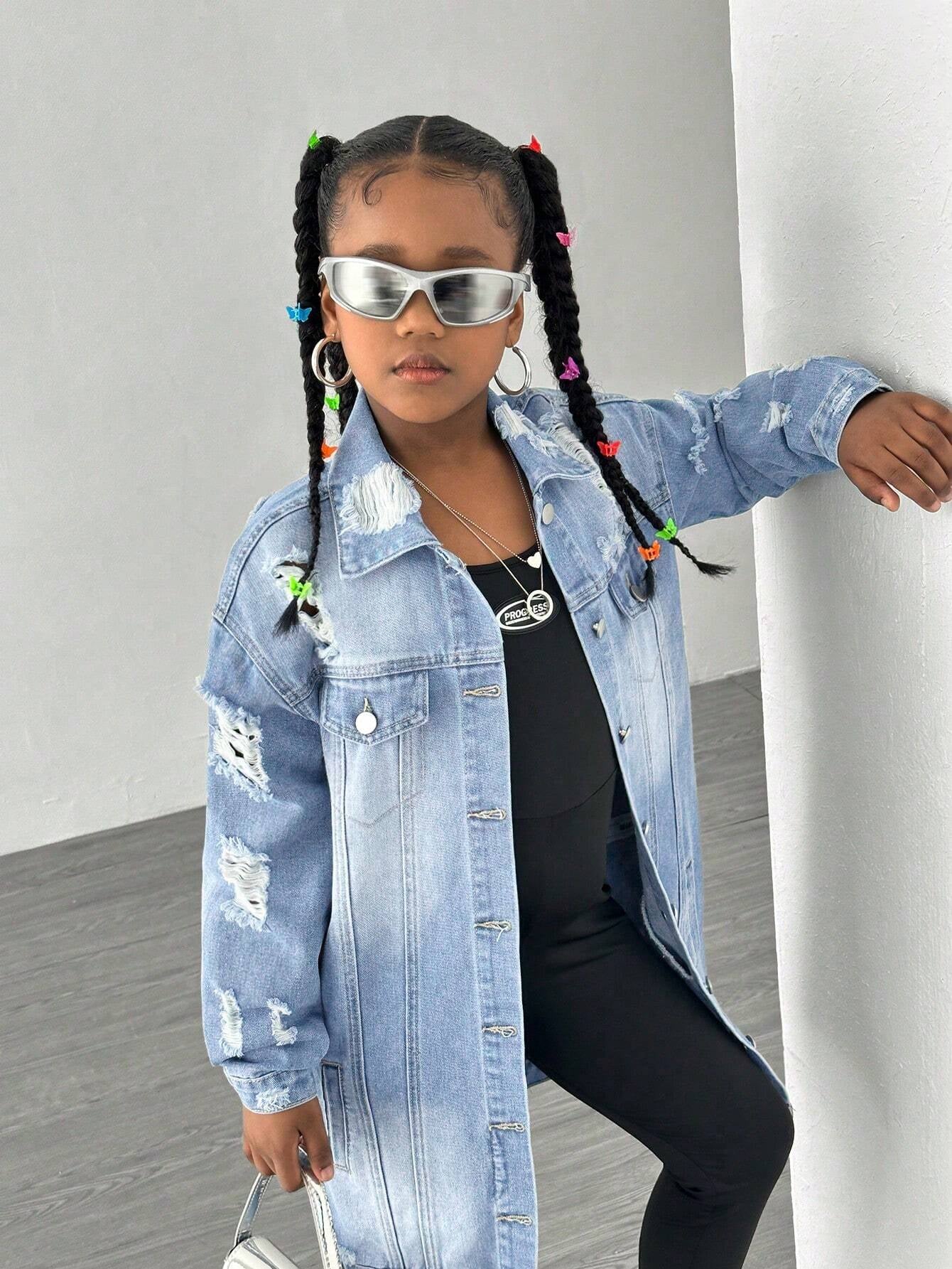 TWEEN GIRL Y2K Street Style Casual Collegiate Distressed Ripped Long Denim Jacket, Essential Chic Fashion Item for Spring Autumn Winter