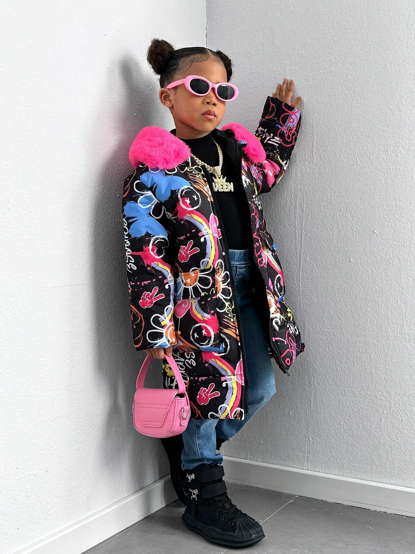 Explorewe Young Girl Graffiti Printed Long Padded Coat with Furry Trim Hood, Fashionable Young Girl Long Coat