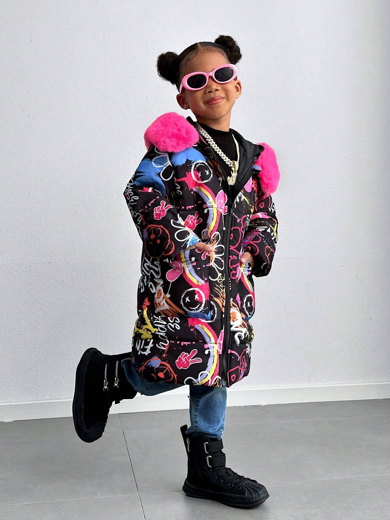 Explorewe Young Girl Graffiti Printed Long Padded Coat with Furry Trim Hood, Fashionable Young Girl Long Coat