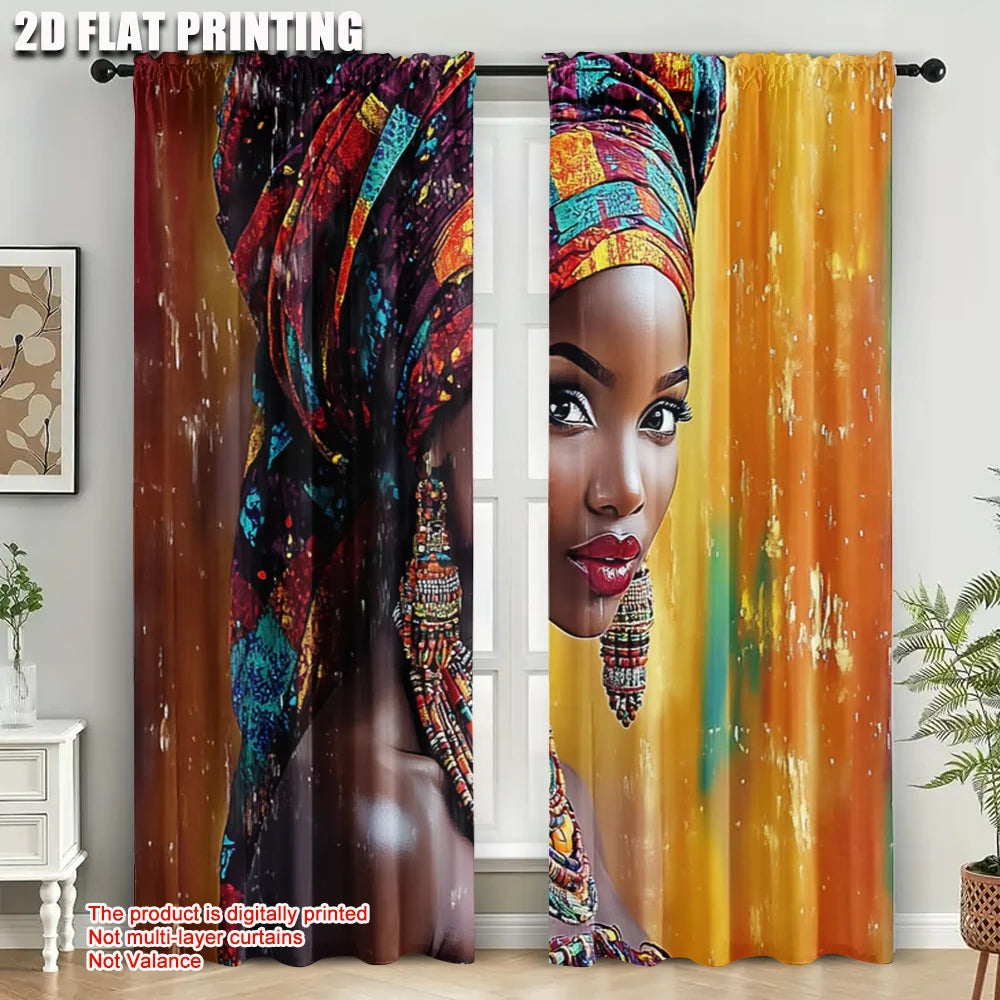2Pcs, Plane Printing Print Curtains African Woman Print 100% Polyester (Without Rod) Holiday Ldeal for Kitchen, Bedroom &