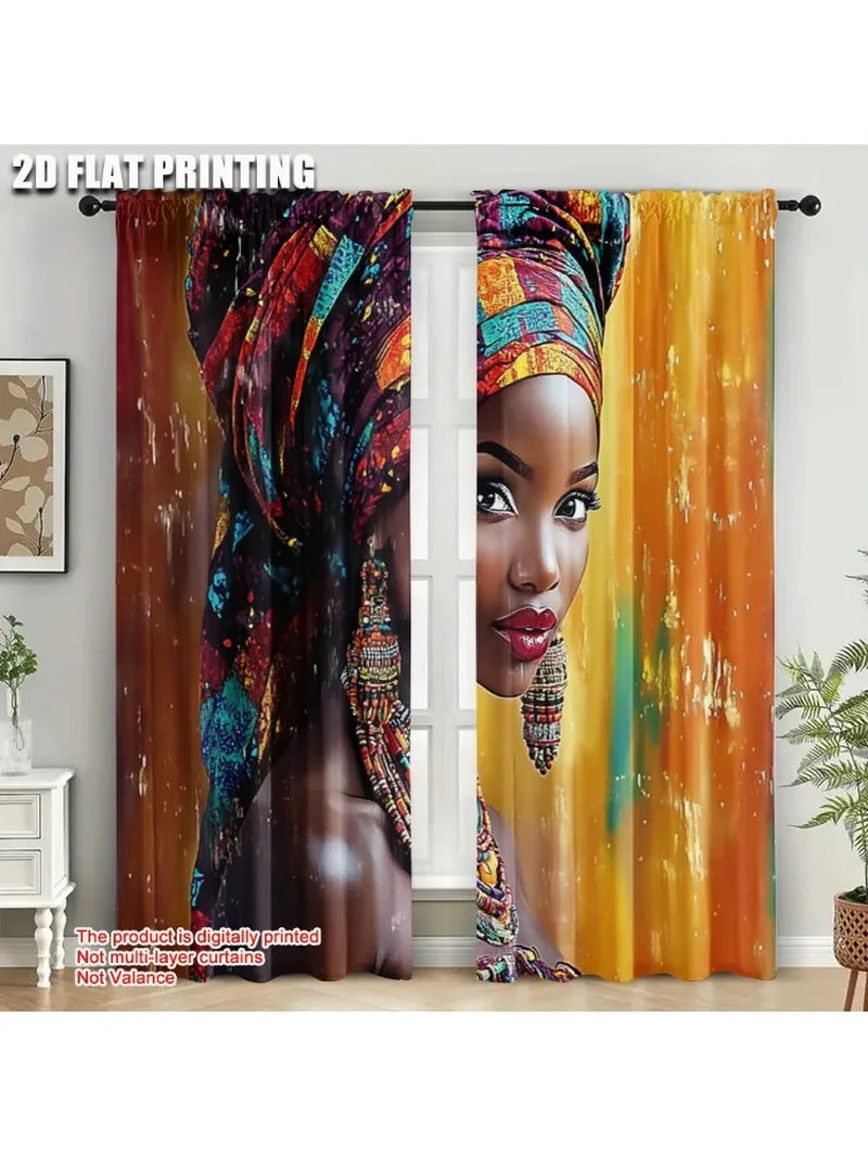 2Pcs, Plane Printing Print Curtains African Woman Print 100% Polyester (Without Rod) Holiday Ldeal for Kitchen, Bedroom &