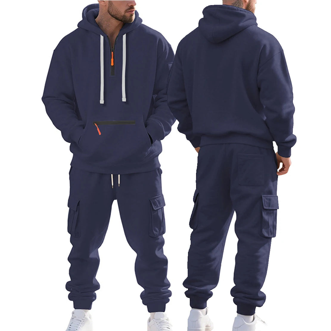 New Autumn and Winter Men'S Fleece Hooded Sweatshirt, Workwear, Long Pants Set, Sports and Leisure Multi Pocket 2-Piece Set