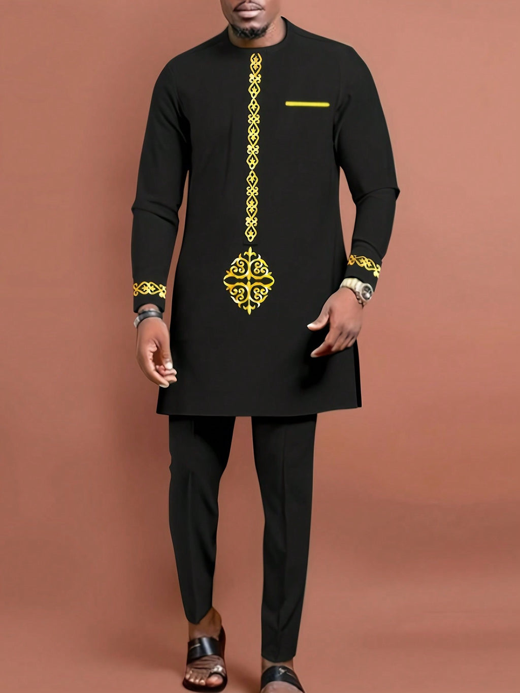 Plus Size Men'S Black Dashiki 2 Pieces Set, Gold Foil Printing, Elastic Waist Pants, Long Sleeve African Clothing, Casual Shirt & Trousers Suit, for Gatherings, Dates, Everyday Wear, Cultural Events, New Arrival