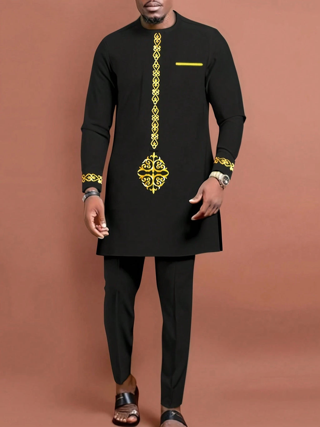 Plus Size Men'S Black Dashiki 2 Pieces Set, Gold Foil Printing, Elastic Waist Pants, Long Sleeve African Clothing, Casual Shirt & Trousers Suit, for Gatherings, Dates, Everyday Wear, Cultural Events, New Arrival