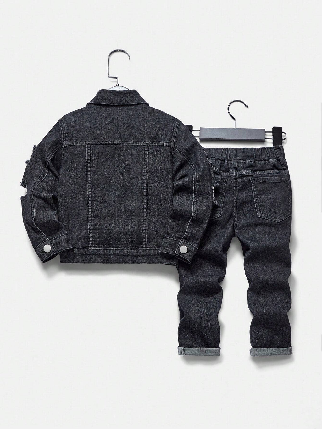 YOUNG BOY Casual Vintage Streetwear Plaid Applique Detail Distressed Elastic Comfortable Jeans & Jean Jacket Set