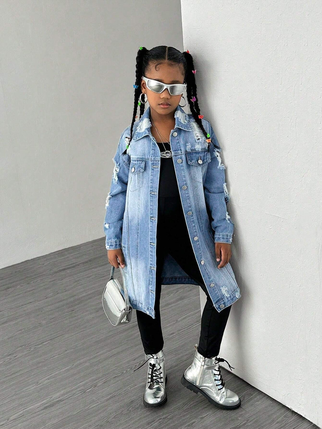 TWEEN GIRL Y2K Street Style Casual Collegiate Distressed Ripped Long Denim Jacket, Essential Chic Fashion Item for Spring Autumn Winter