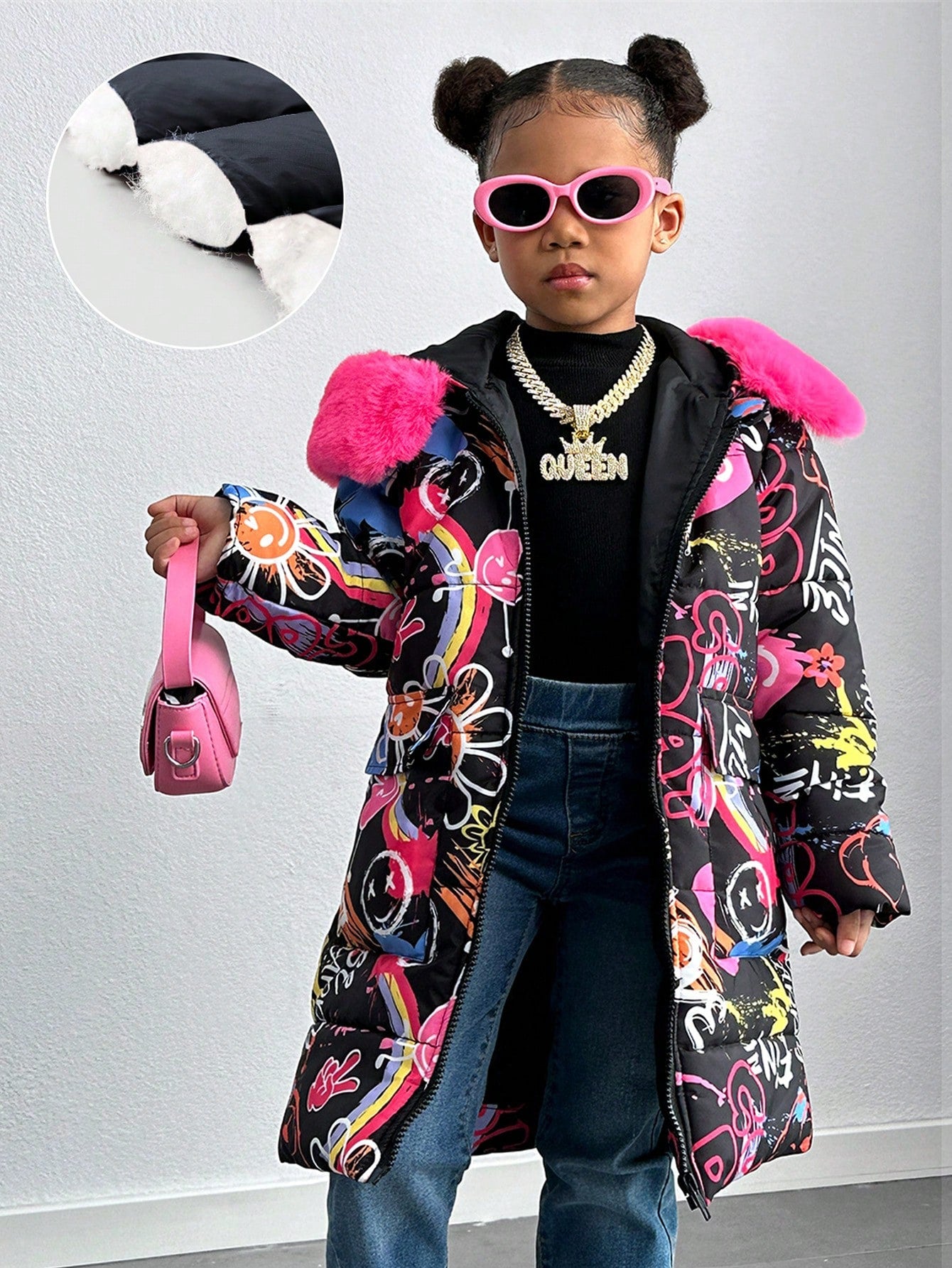 Explorewe Young Girl Graffiti Printed Long Padded Coat with Furry Trim Hood, Fashionable Young Girl Long Coat