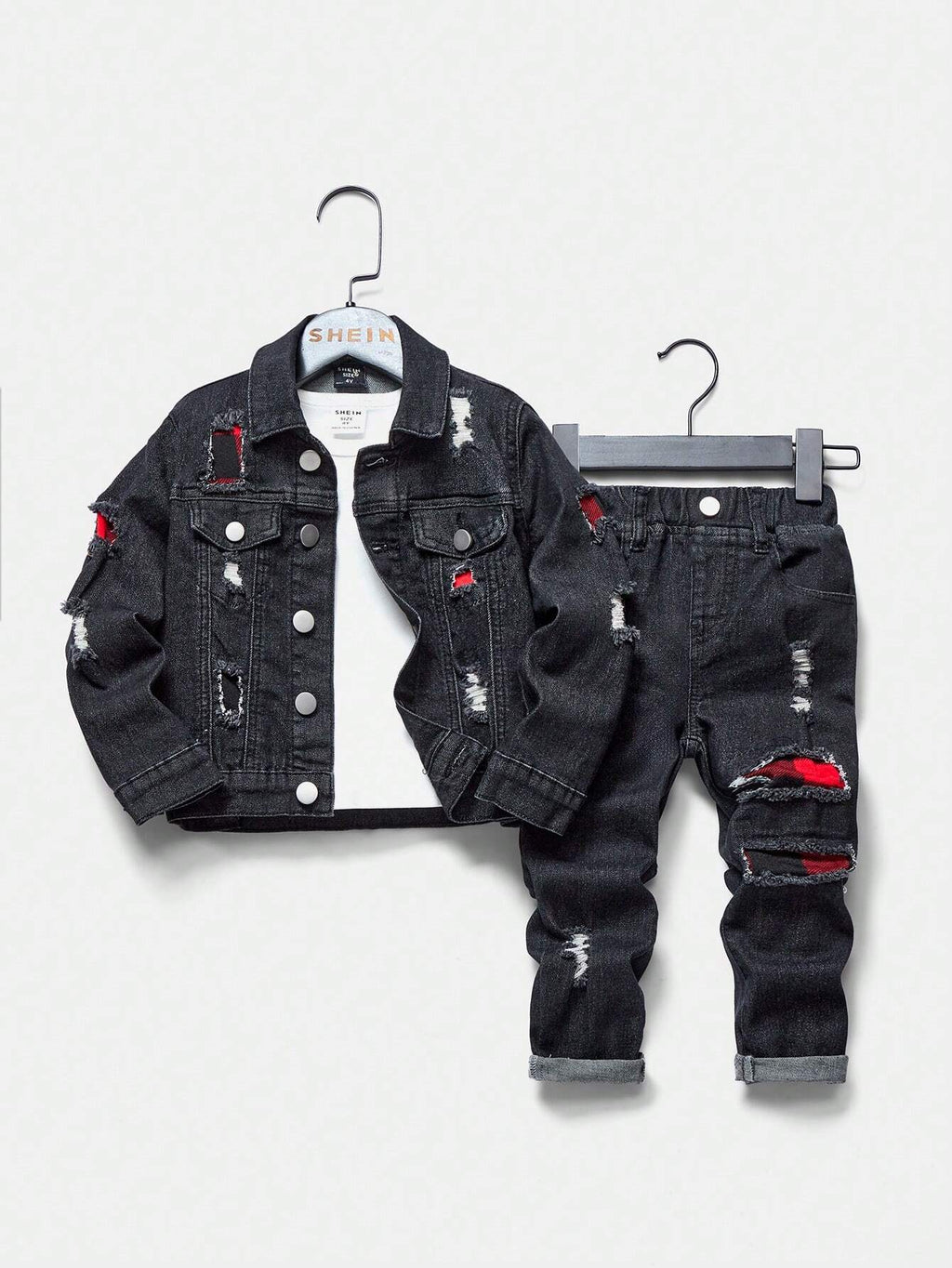 YOUNG BOY Casual Vintage Streetwear Plaid Applique Detail Distressed Elastic Comfortable Jeans & Jean Jacket Set