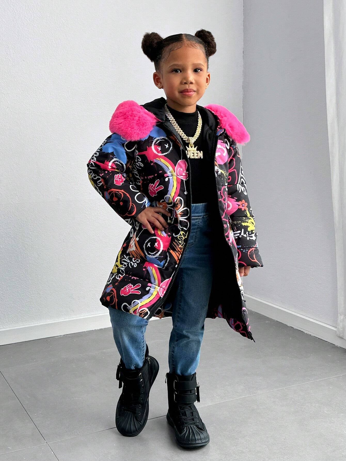 Explorewe Young Girl Graffiti Printed Long Padded Coat with Furry Trim Hood, Fashionable Young Girl Long Coat