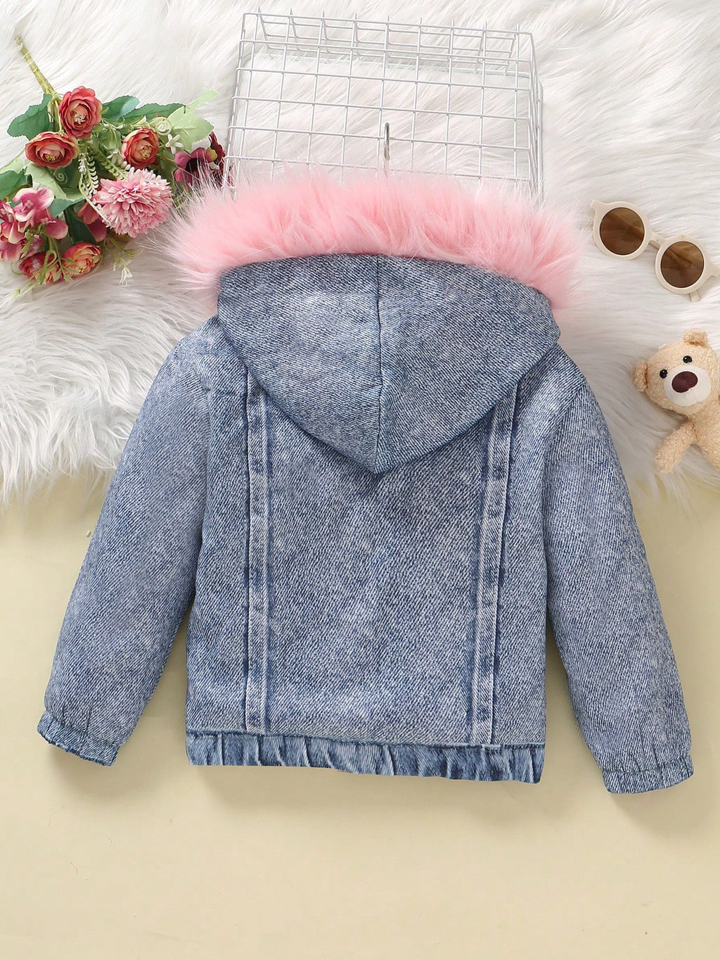 Young Girl Fuzzy Trim Hooded Teddy Lined Jacket