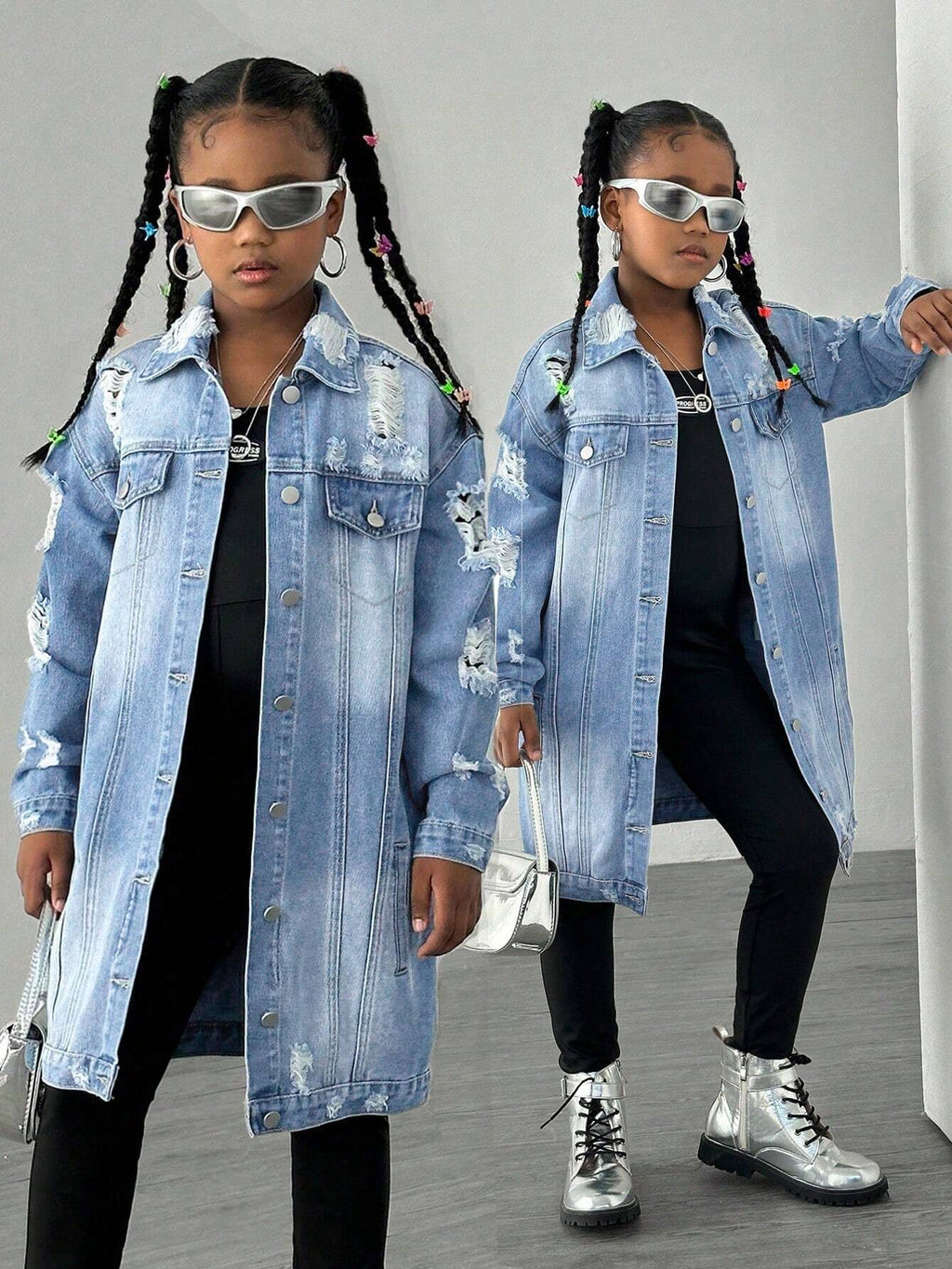 TWEEN GIRL Y2K Street Style Casual Collegiate Distressed Ripped Long Denim Jacket, Essential Chic Fashion Item for Spring Autumn Winter