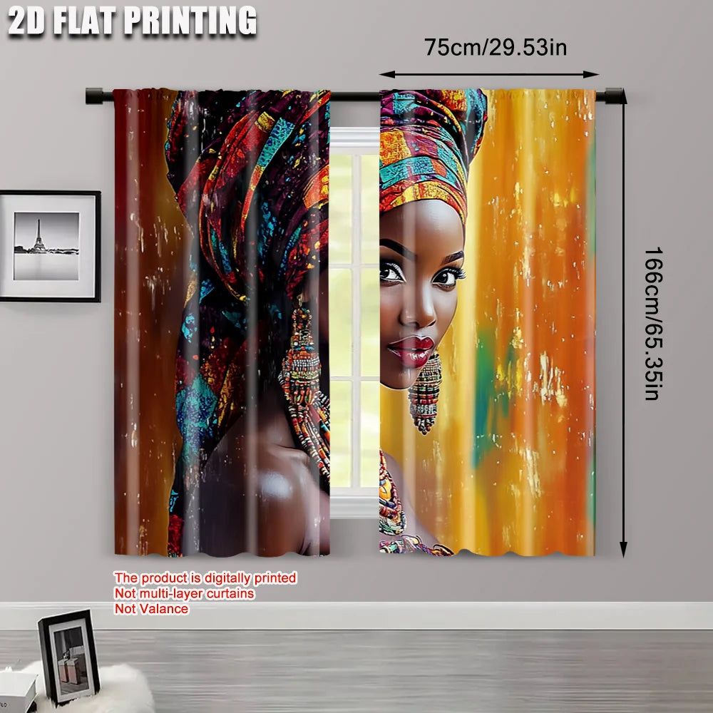 2Pcs, Plane Printing Print Curtains African Woman Print 100% Polyester (Without Rod) Holiday Ldeal for Kitchen, Bedroom &