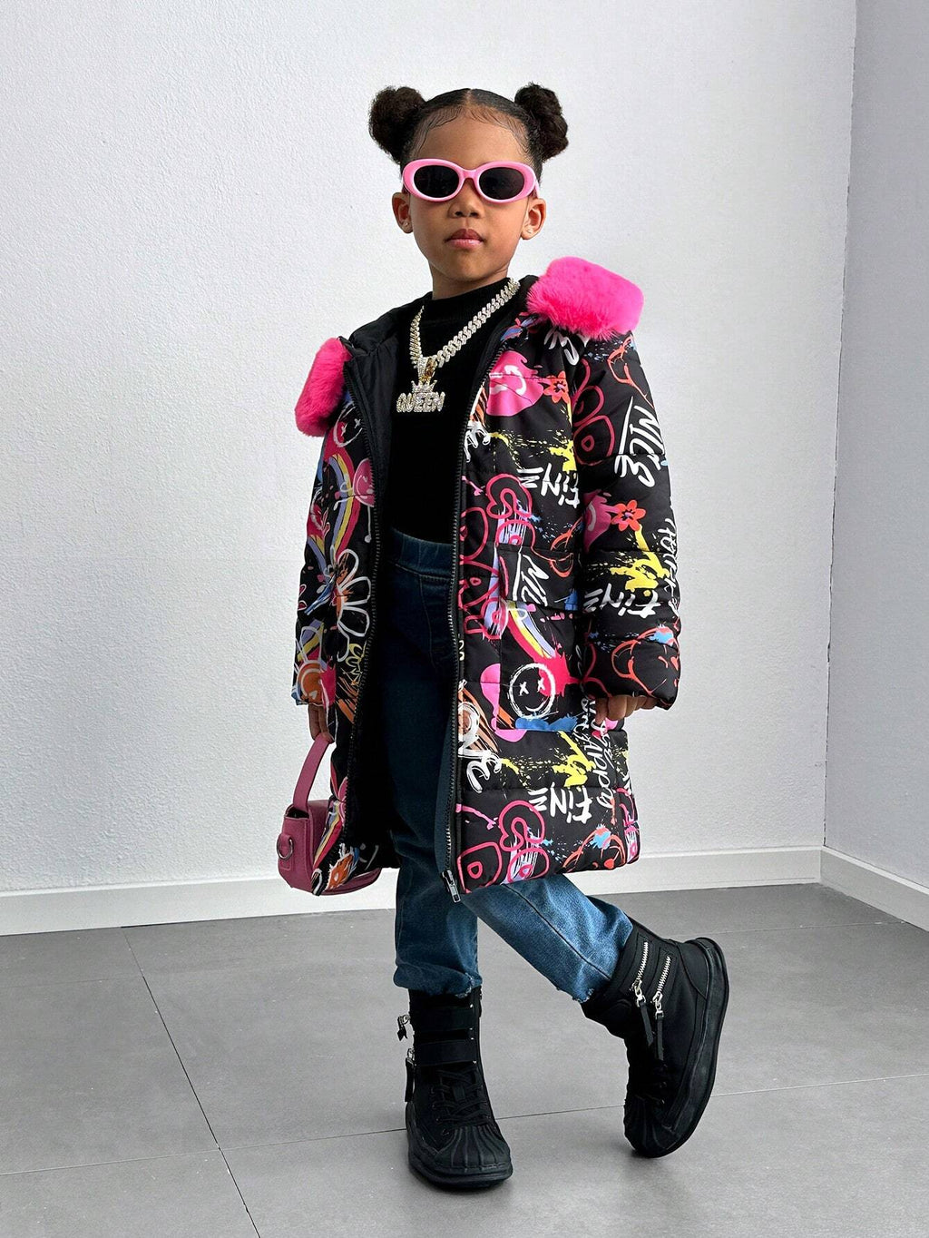 Explorewe Young Girl Graffiti Printed Long Padded Coat with Furry Trim Hood, Fashionable Young Girl Long Coat