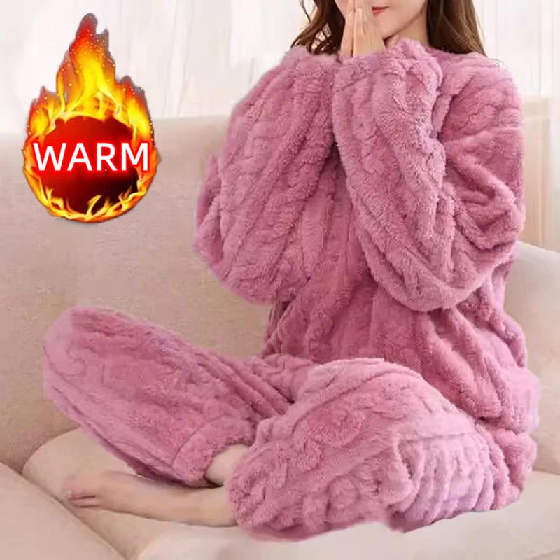 Women'S Pajamas Set Winter Sleepwear O-Neck Loose Long Sleeve Top Elastic Waist Leg Pant Sets Trousers plus Size Matching Sets