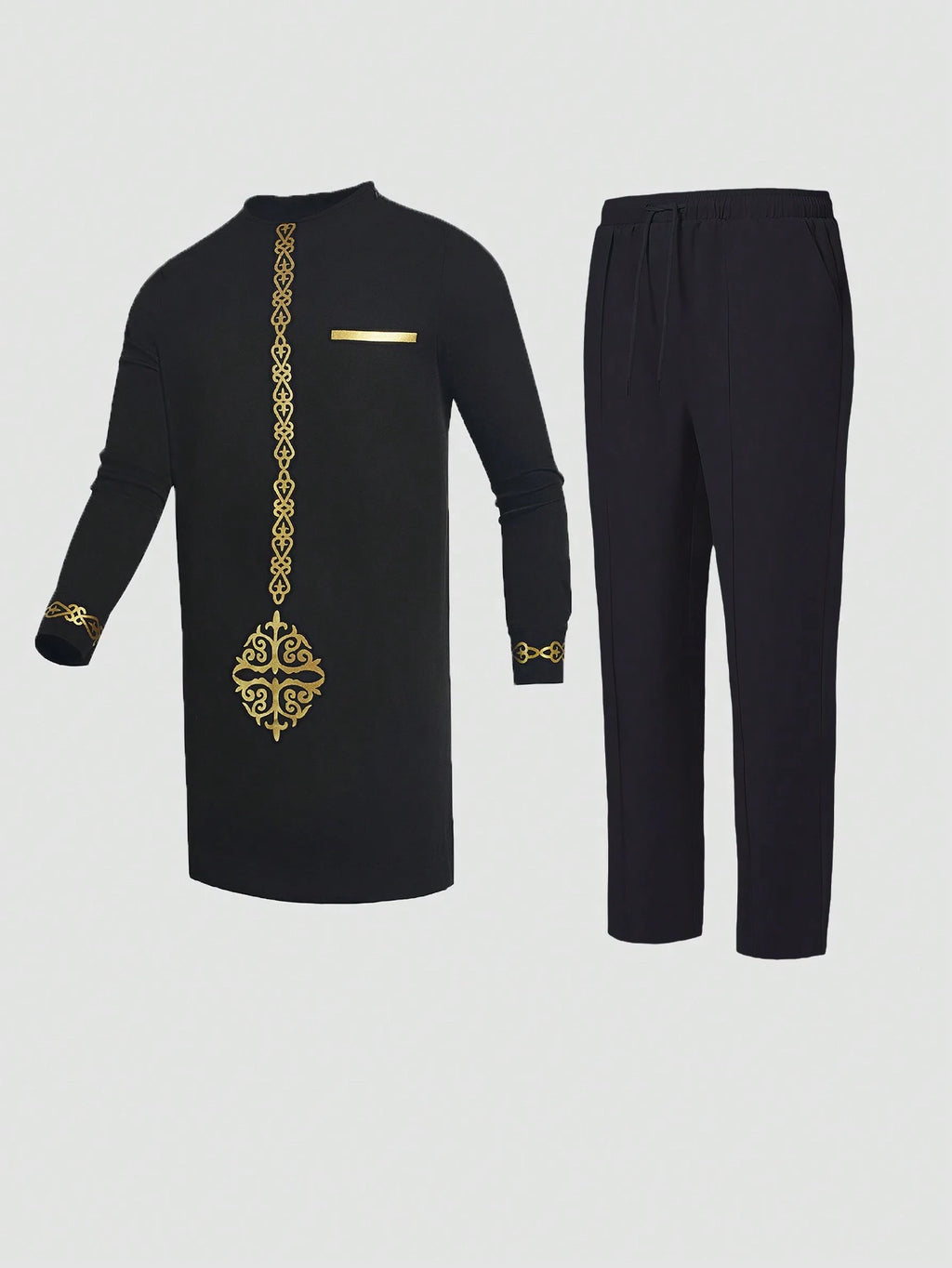 Plus Size Men'S Black Dashiki 2 Pieces Set, Gold Foil Printing, Elastic Waist Pants, Long Sleeve African Clothing, Casual Shirt & Trousers Suit, for Gatherings, Dates, Everyday Wear, Cultural Events, New Arrival