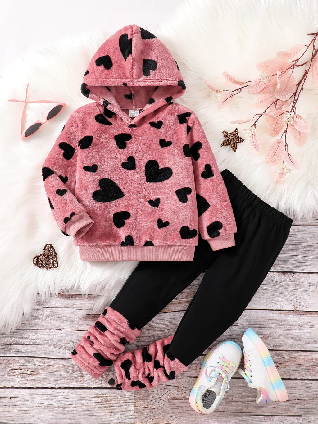Spring and Winter Girls Fashion Home Casual 2-Piece Micro Stretch Warm Comfortable Love Plush Hooded Top + Stretch Tight Pants