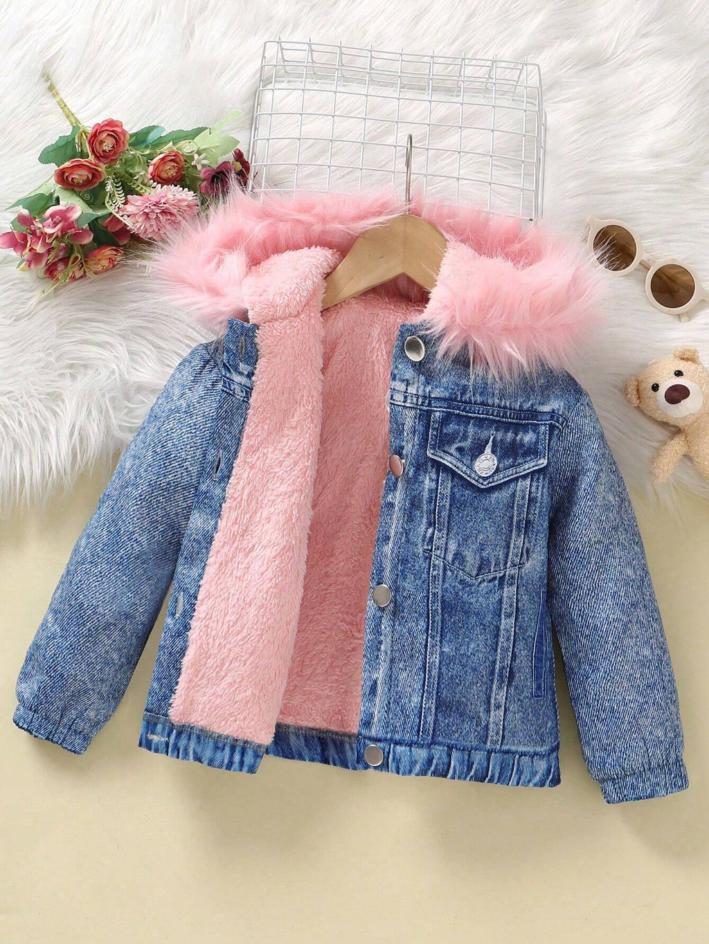 Young Girl Fuzzy Trim Hooded Teddy Lined Jacket