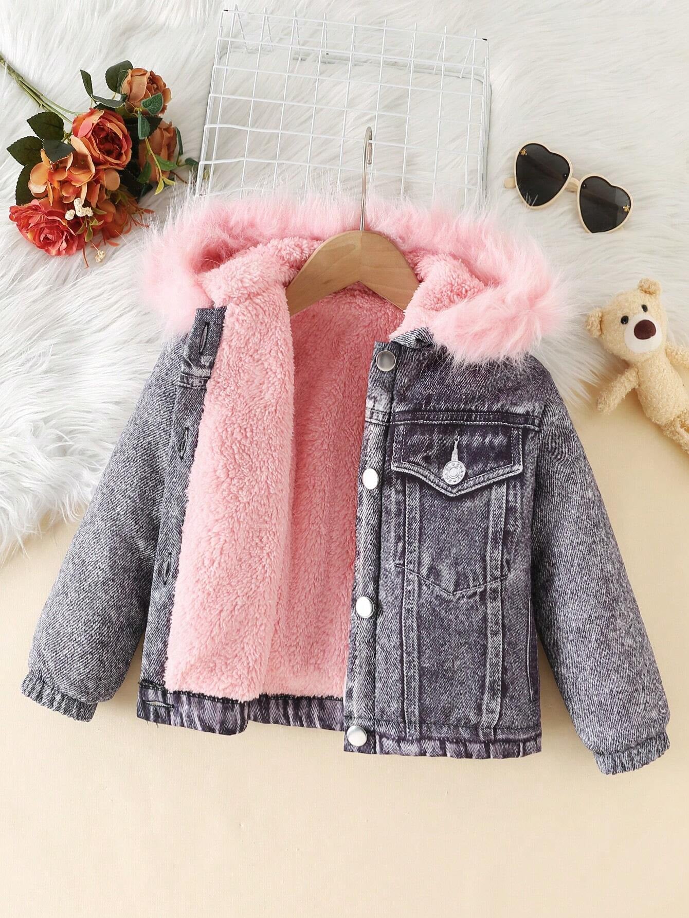 Young Girl Fuzzy Trim Hooded Teddy Lined Jacket