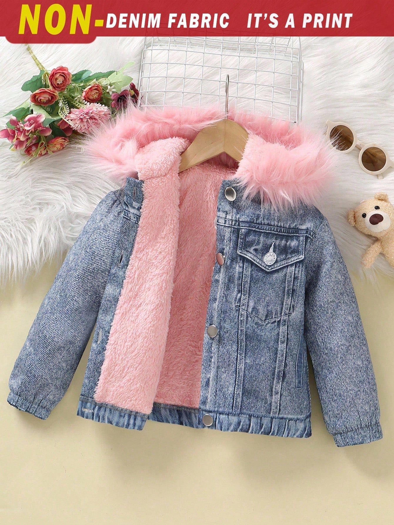Young Girl Fuzzy Trim Hooded Teddy Lined Jacket