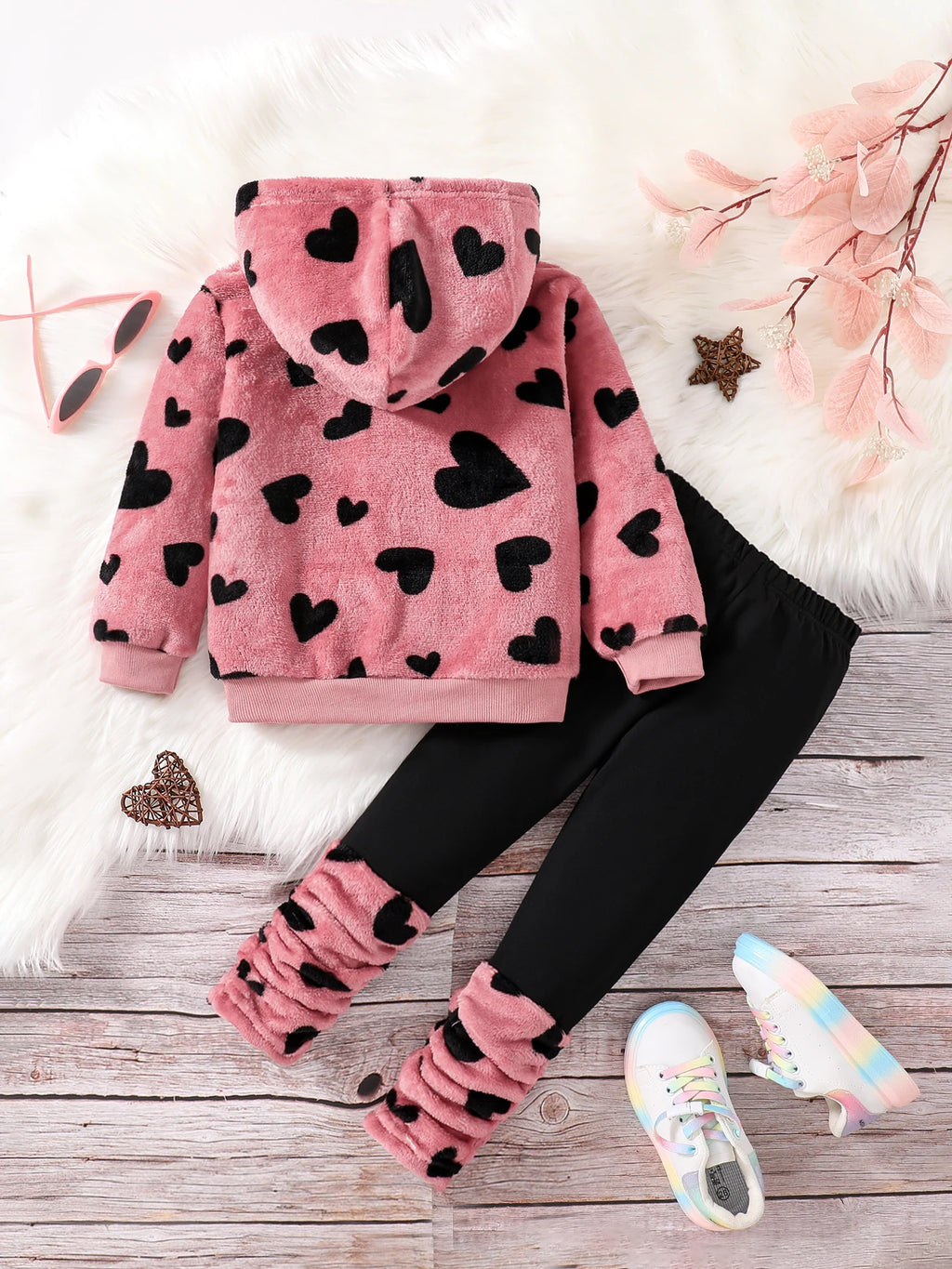 Spring and Winter Girls Fashion Home Casual 2-Piece Micro Stretch Warm Comfortable Love Plush Hooded Top + Stretch Tight Pants