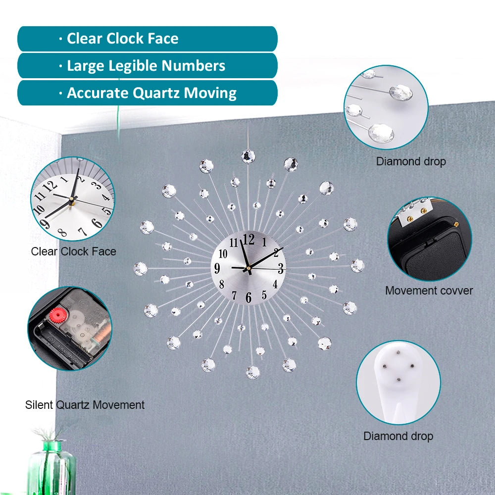 38/50Cm Metal Crystal Sun Wall Clock Sunburst Large Interior Wall Clock Home Rooms Office Art Decor Background Wall Ornament