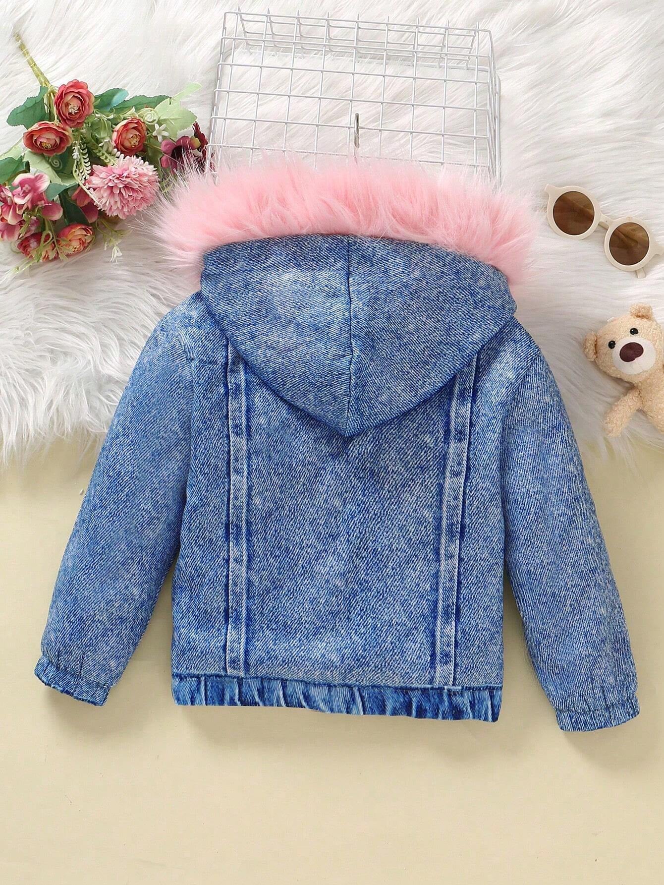 Young Girl Fuzzy Trim Hooded Teddy Lined Jacket