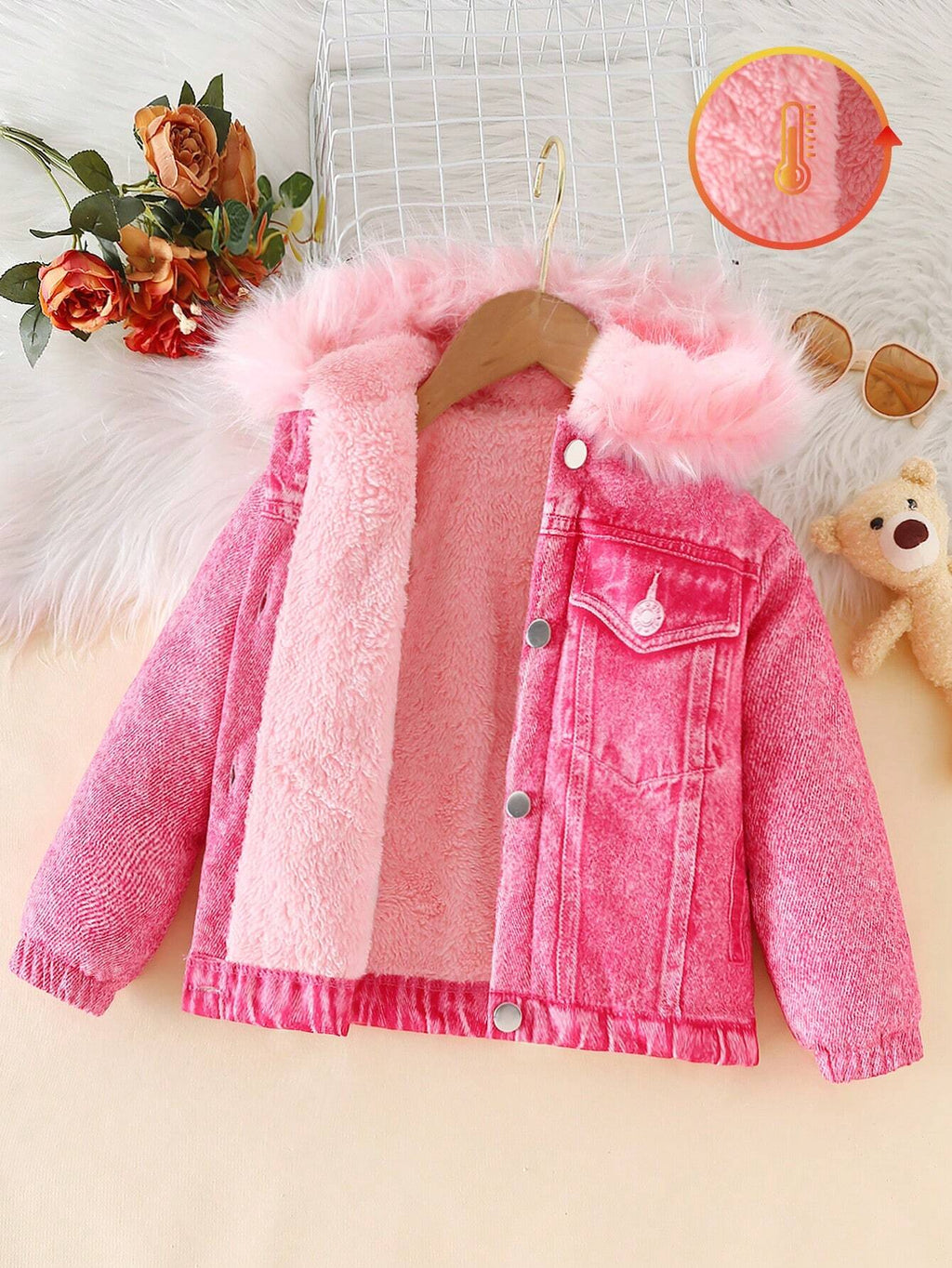 Young Girl Fuzzy Trim Hooded Teddy Lined Jacket