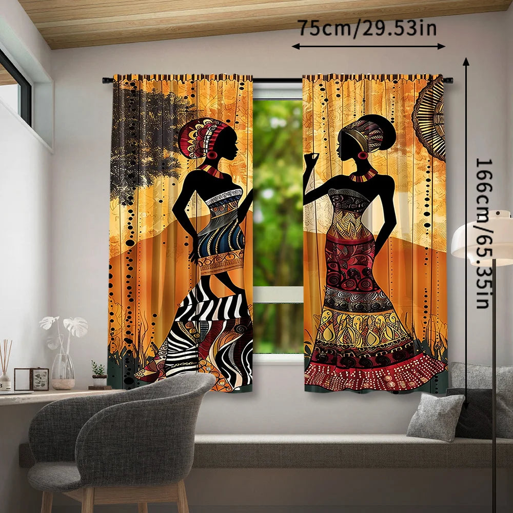 African Women Print Rod Pocket Window Curtains - 2Pcs Woven Polyester Pongee Decorative Panels for Bedroom, Living Room and Offi