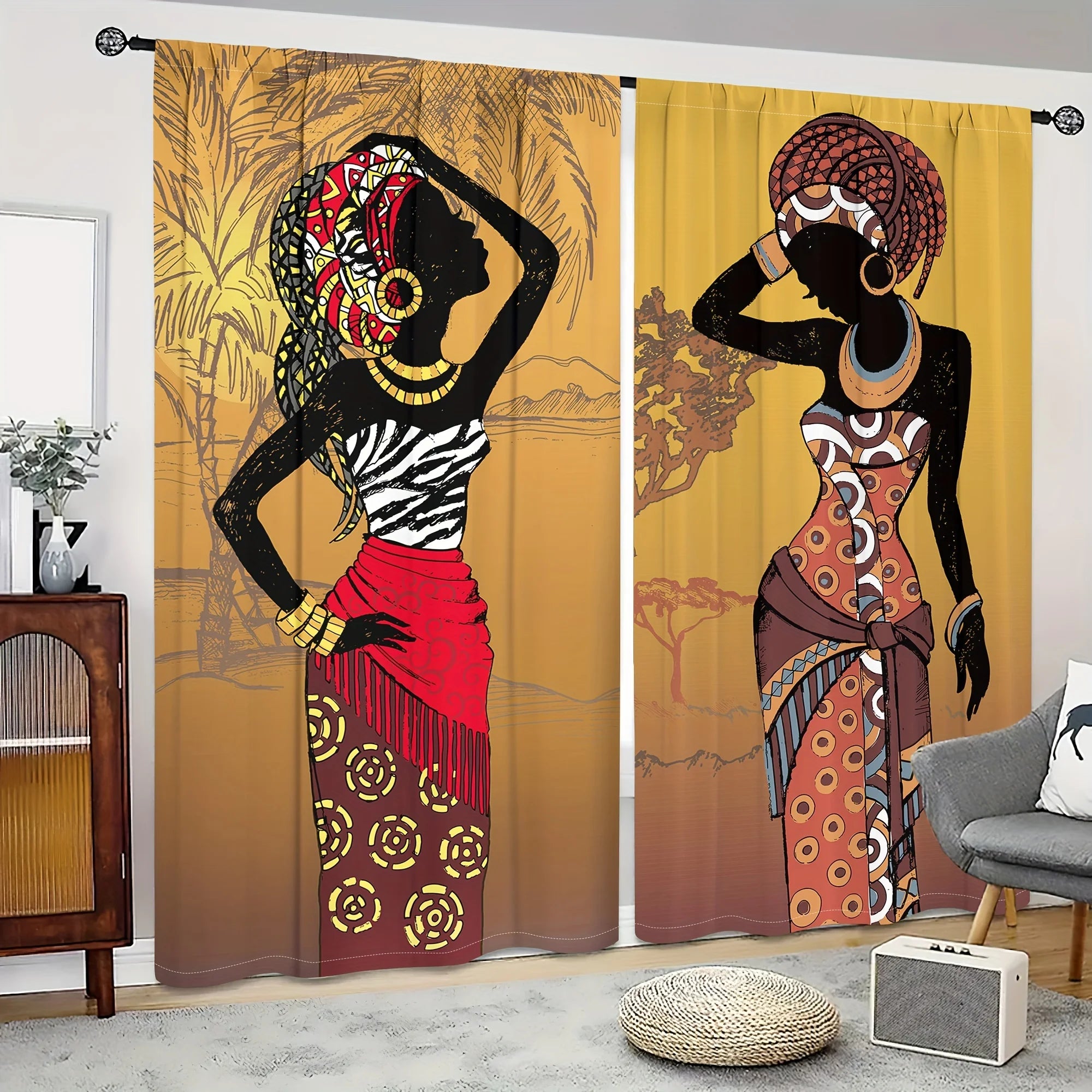 2PC Bohemian African Print Curtains - Colorful Ethnic Art Rod Pocket Drapes, for Living Room & Bedroom Decor